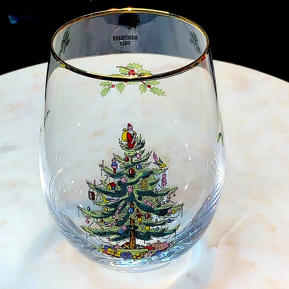 SPODE CHRISTMAS TREE STEMLESS WINE GLASS 18 oz NEW